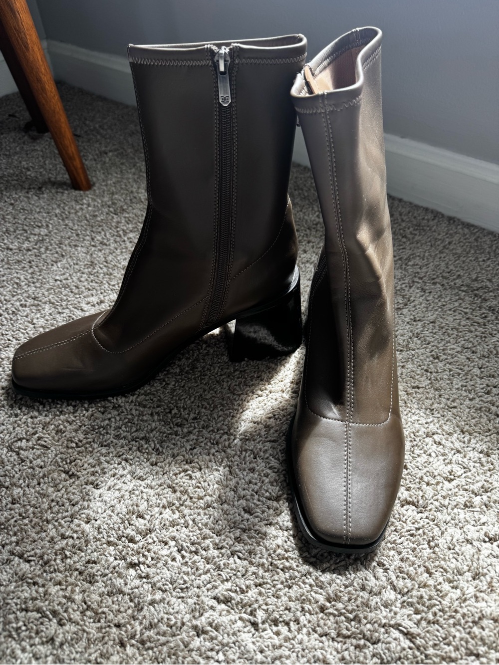 Sam Edelman Taupe Mid-Calf Block Heel Zip Boots - Picture 3 of 4